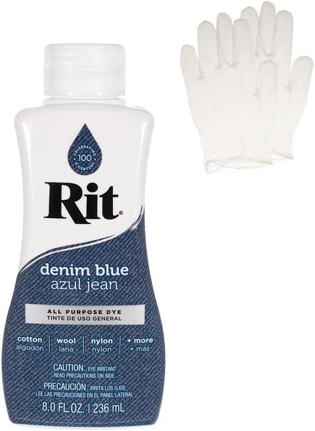 Rit Dye – Liquid Fabric Dye for Crafting, Clothing, and Décor – 8 oz. Bottle – Denim Blue (Gloves Included)