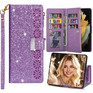 Samsung Galaxy Z Fold 7 Bling Wallet Phone Case, Glitter Flip Leather Cover with Zipper Card Slots Holder Kickstand & Wrist Strap for Women Girls Galaxy Z Fold 7 - CSF Purple