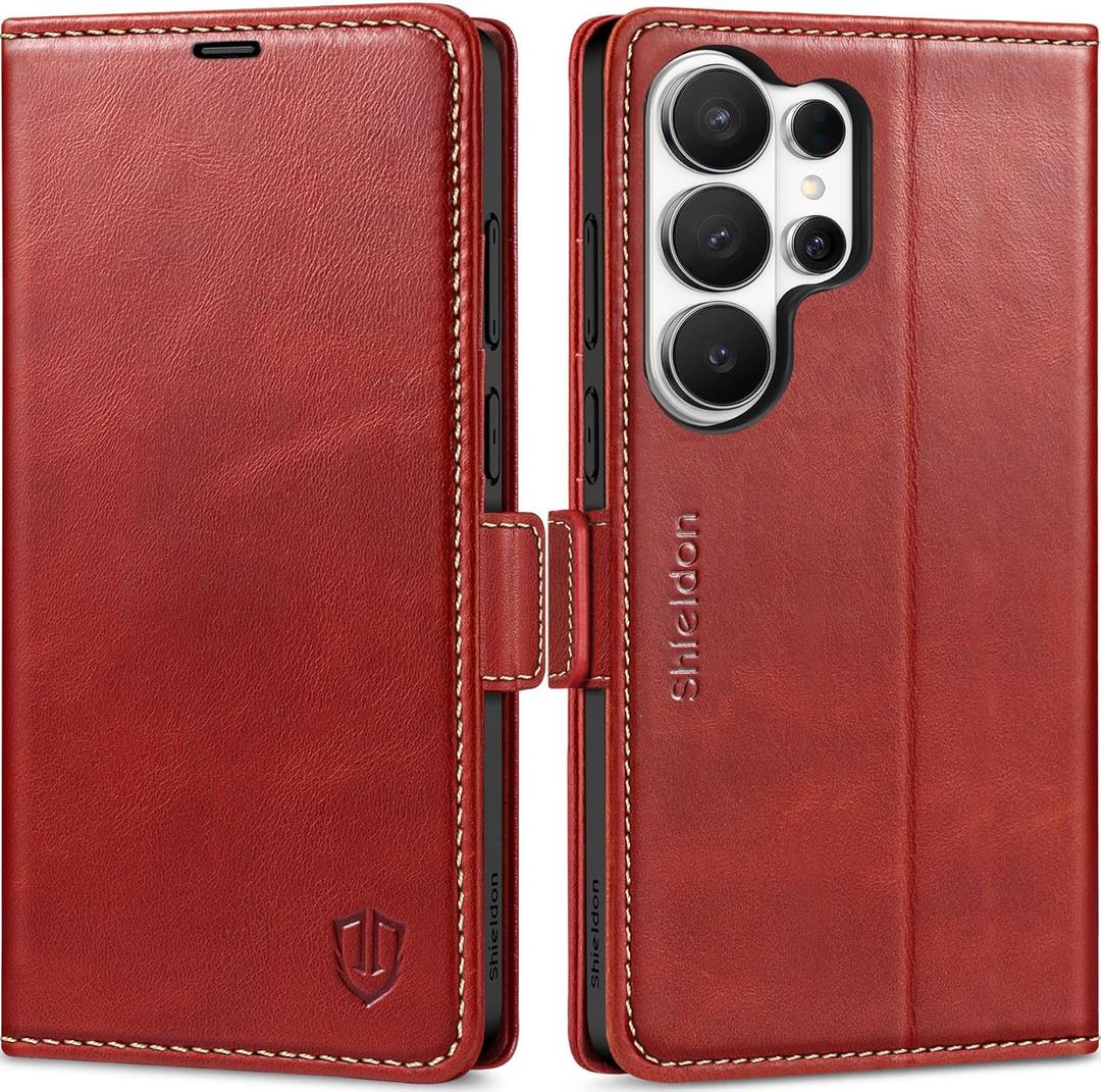 SHIELDON Case Wallet for Galaxy S26 Ultra 6.9", Genuine Leather Flip Magnetic Design with RFID Blocking Card Holder Kickstand Shock Absorbing Phone Cover Compatible with Galaxy S26 Ultra - Retro Red