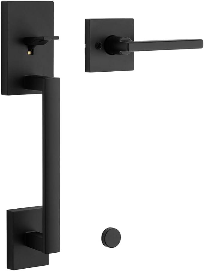 Kwikset San Clemente Front Door Handle No Lock, Entry Handleset Exterior with Interior Reversible Handed Lever, Non-Locking, Matte Black, Deadbolt Not Included, with Microban Protection