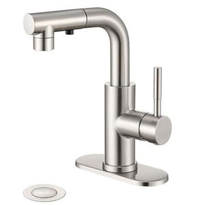 Ultimate Unicorn Brushed Nickel Single Handle Modern Bathroom Faucet with Pull Out Sprayer, 15.5" Retractable Hose, 360 Swivel Spout, Pop Up Drain, Stainless Steel, 1 Hole Installation