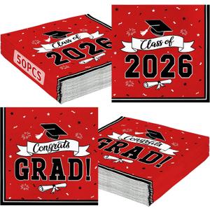 50 Pack Graduation Napkins Class of 2026 Decorations, 6.5 X 6.5 Inches Red Grad Napkins, Classic Cap Ribbon Themed Paper Tissues, Perfect for Graduation Decorations 2026 Celebration Party Supplies