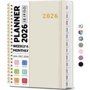 2026 Planner, Weekly and Monthly Calendar Planner Book, January 2026 - December 2026, Hardcover Spiral Planner with Monthly Tabs, Notes Pages, Perfect for Women & Men, A5 (6.4" x 8.5") - Beige