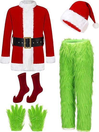 DJKFAEK Green Monster Santa Claus Costumes for Men,Christmas Furry Santa Claus Costume Include Mask for Halloween Cosplay (2XL)