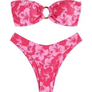 ZAFUL Women's Bandeau Bikini O Ring Strapless Tie Back High Cut Two Piece Swimsuit Bathing Suits (Medium, 5-rose Red Print)