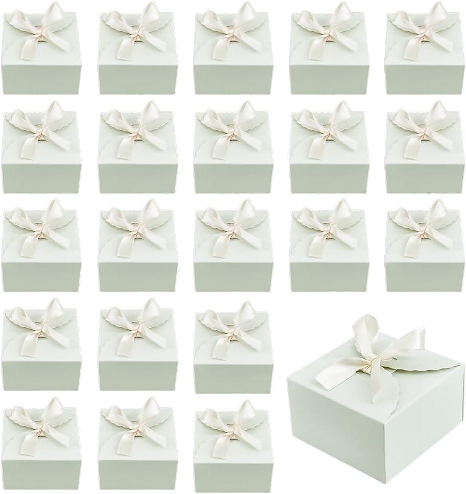PH PandaHall 30pcs Paper Box Gift Boxes Foldable Candy Box Small Gift Packaging Boxes with Ribbon for Candy Cookie Proposal Wedding Gifts, Pale Green, 3.5x3.5x2 inch