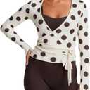 Women Cross Wrap Top Polka Dot Long Sleeve Deep V Neck Tie Workout Ballet Blouse Pilates Yoga Shirt XL
