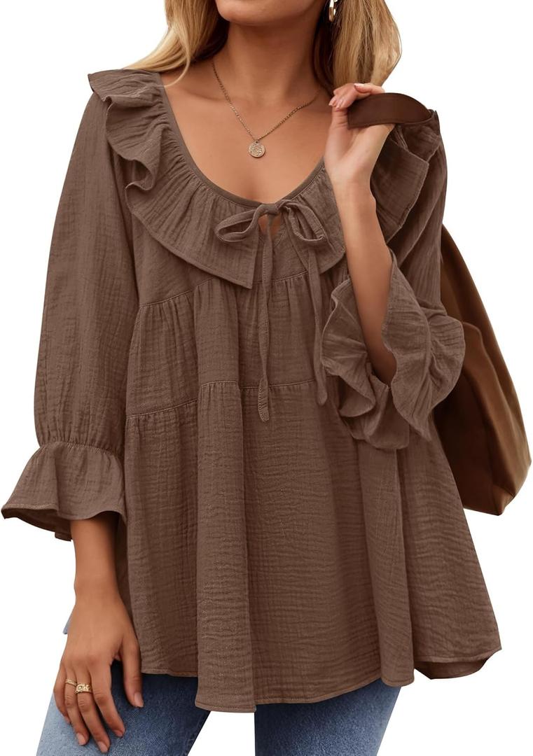 ZESICA Womens Scoop Neck 3/4 Length Sleeve Tops 2026 Casual Tie Front Ruffle Tiered Loose Tunic Shirts Blouses Fall Outfits (X-Large, Brown)