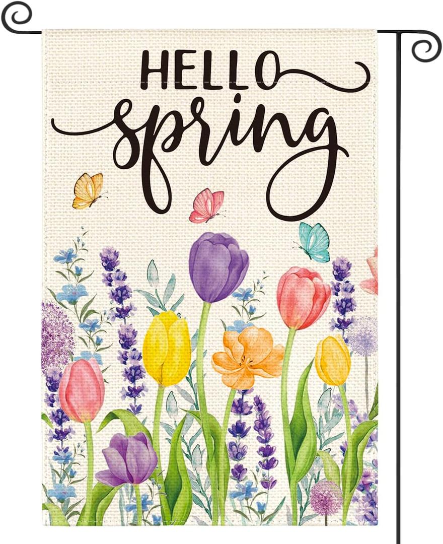 AVOIN colorlife Hello Spring Tulip Lavender Garden Flag 12 x 18 Inch Double Sided, Seasonal Flower Yard Outdoor Flag