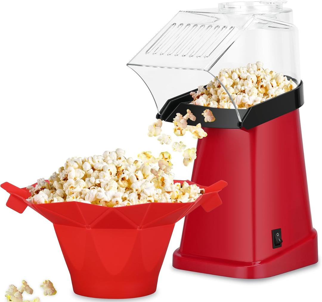 Hot Air Popcorn Popper Maker with Popcorn Bowl, Fast Popcorn Machine in Minutes with Measuring Cup and Butter Melting Tray for Party Kids, Bright Red