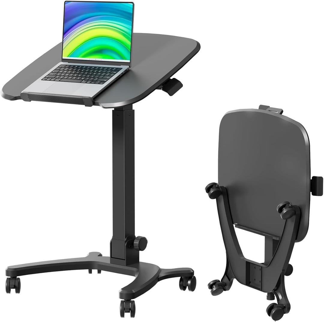 Foldable Mobile Standing Desk, 27"21" Portable Rolling Laptop Cart with 90 Tiltable Board, Height Adjustable Mobile Desk Workstation with Wheels, Folding Table for Home Office, Black