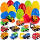 ArtCreativity Pre Filled Easter Eggs with Plastic Vehicles Inside - 12 Colorful Surprise Eggs for Kids with Pullback Construction Truck Toys - Easter Hunt Supplies - Basket Stuffers