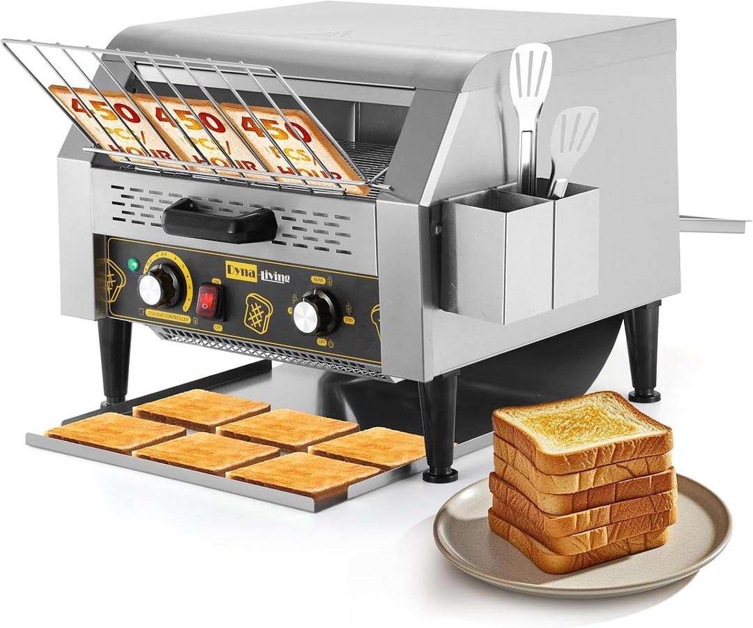 Dyna-Living Commercial Toaster 450 PCS/H Conveyor Toaster for Restaurant | 1900W Commercial Conveyor Toaster, Heavy Duty Stainless Steel Rolling Bread Toaster for Baking Bun, Bagel, Bread