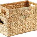 Greenatural Water Hyacinth Storage Baskets Set of 2, Handwoven Rectangular Organizer Trays with Handles in 2 Different Sizes, Nested Wicker Bins for Shelf, Bathroom, Kitchen, Office, Natural Decor (16x11.8x7 & 14x9.8x6)