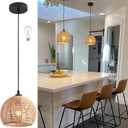 Mini Hemp Rope Woven Pendant Light Woven Light Fixture Boho Chandelier Light Fixture Wicker Pendant Light Rattan Light Pendant Dome Wicker Chandelier for Bedroom Kitchen Island(Bulb Incl.) (8.7" Natural)