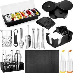 Mifoci 28 Pcs Bartender Kit, Mixologist Bartender Kit Garnish Tray with Lid Bar Caddy and 3 Tier Glass Rimmer, 17 Pcs Margarita Cocktail Shaker Set with Wooden Base for Home Bar Gift Set(PVA Plastic)