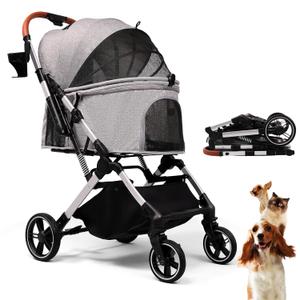 Bicystar Pet Stroller for Small Medium Dogs Cats Up to 45 lbs, Travel Lite Collapsible, All Terrain 4 Wheels for Jogging, Running, Grey