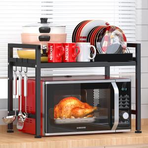 Microwave Oven Rack, Expandable Microwave Stand Countertop Kitchen Utensils Tableware Storage, Microwave Shelf with Hooks