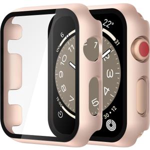 Misxi 2 Pack Tempered Glass Case Compatible for Apple Watch Series 3 Series 2 42mm, Hard PC Screen Protector Overall Protection Scratch-Resistant Cover for iWatch, 1 Rose Gold + 1 Transparent