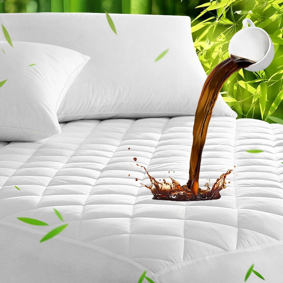UNILIBRA Twin Mattress Pad Waterproof Rayon Made from Bamboo, Fitted Deep Pocket Mattress Cover fits 6''-19'', Breathable Quilted Mattress Protector, White