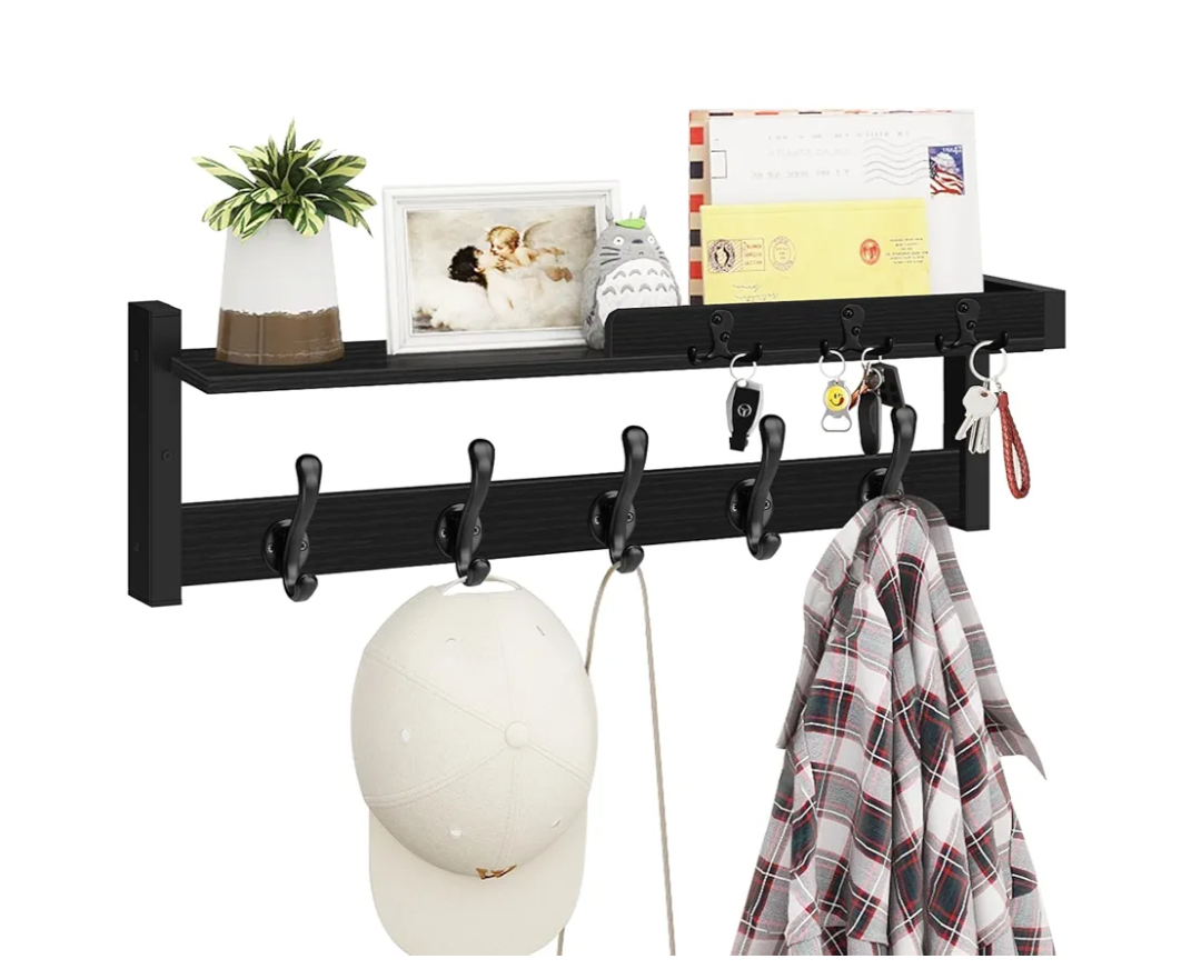Homode Coat Rack with Shelf, 29 Inch Long Wooden Coat Hanger Wall Mount with Key Rack and Mail Holder, Entryway Wall Hooks with Shelf for Bathroom Living Room Bedroom Hallway Kitchen, Black