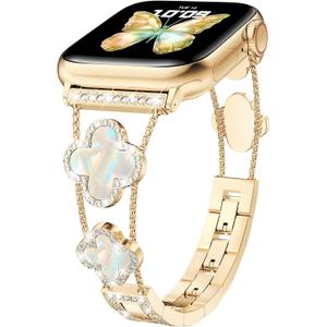 CTYBB Bling Diamond Band Compatible with Apple Watch Bands for Women 42mm 44mm 45mm 46mm Series 11 10 9 8 7 6 5 4 SE 3 2 1, Sparkle Metal Bracelet Wristband, Cute Lucky Clover Dressy iWatch Band,Gold/White