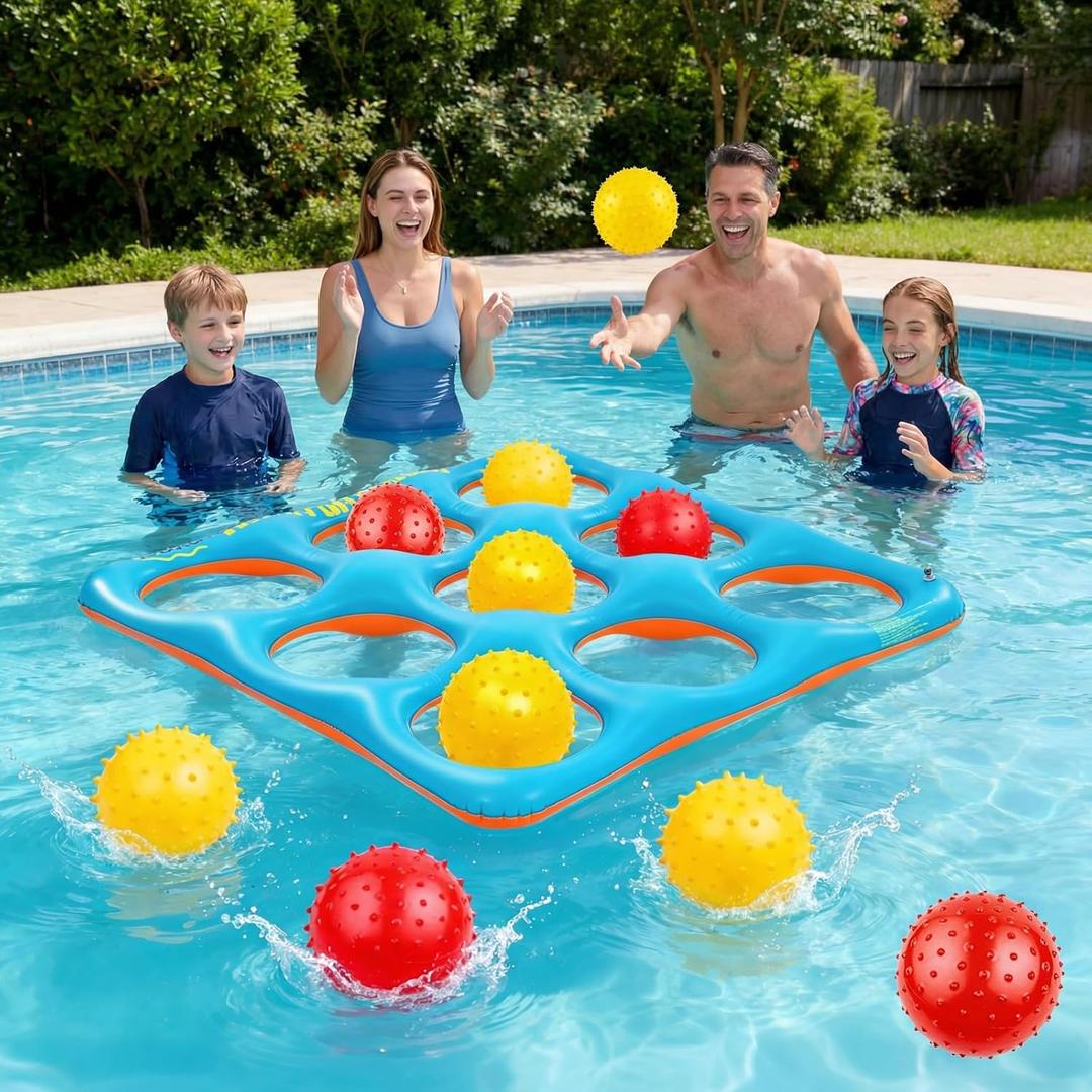 Inflatable Tic Tac Toe Pool Game Set  Pool Toys with 10 Balls, Fun for Kids, Teens, Adults, Family, Party, Beach, Outdoor & Indoor, 2-10 Players