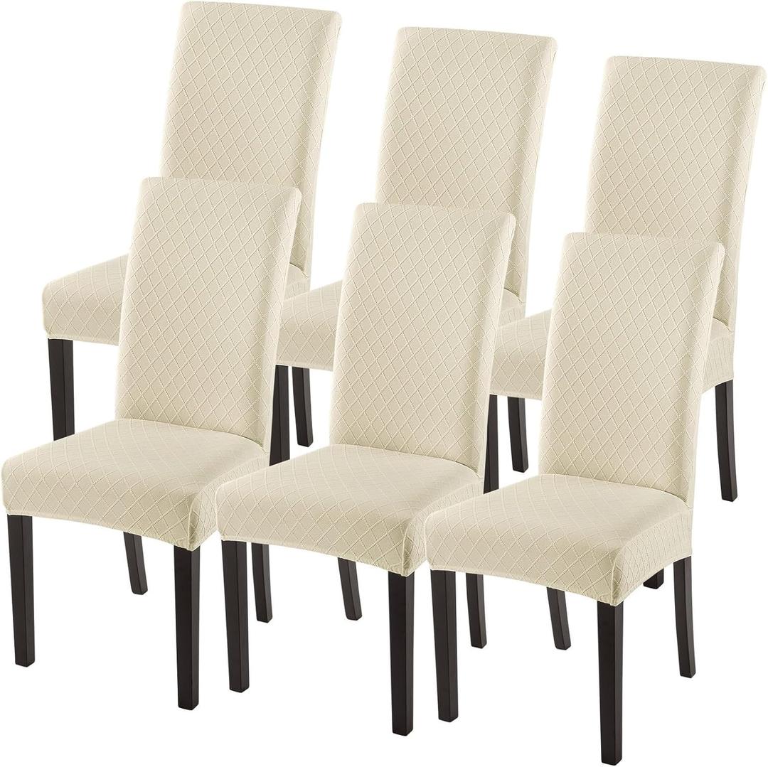 SearchI Dining Room Chair Covers Set of 6, Stretch Jacquard Parsons Chair Slipcovers Super Fit Removable Washable Kitchen Chair Protector Cover for Dining Room, Hotel, Ceremony (Beige Rhombus)