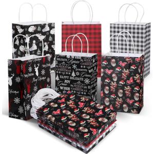 Maitys 24 Pcs Black Christmas Gift Bags with Handles Retro Santa Snowman Elk Black and White Buffalo Plaid Treat Goodie Kraft Reusable Paper Bags for Wedding Christmas Winter Birthday Party Favors