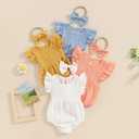 Newborn Baby Girl Clothes Ruffle Sleeve Solid Smocked Bubble Romper Jumpsuit Bow Headband Cute Summer Clothes (Blue)