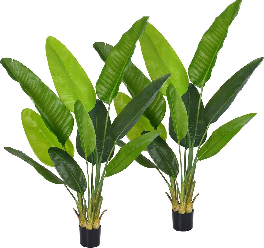 Artificial Bird of Paradise Plant, Fake Tree with Realistic Leaves and Durable pots, Adjustment-Free Branches Artificial Tree for Indoor Outdoor Home Decor (5FT 2Packs)