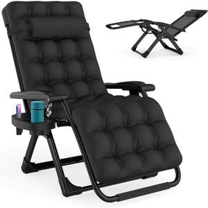 ZENPETIO Zero Gravity Chair with Removable Cushion, Reclining Camping Chair with Cup Holder, Anti Gravity Lounge Chair for Indoor and Outdoor (Black)