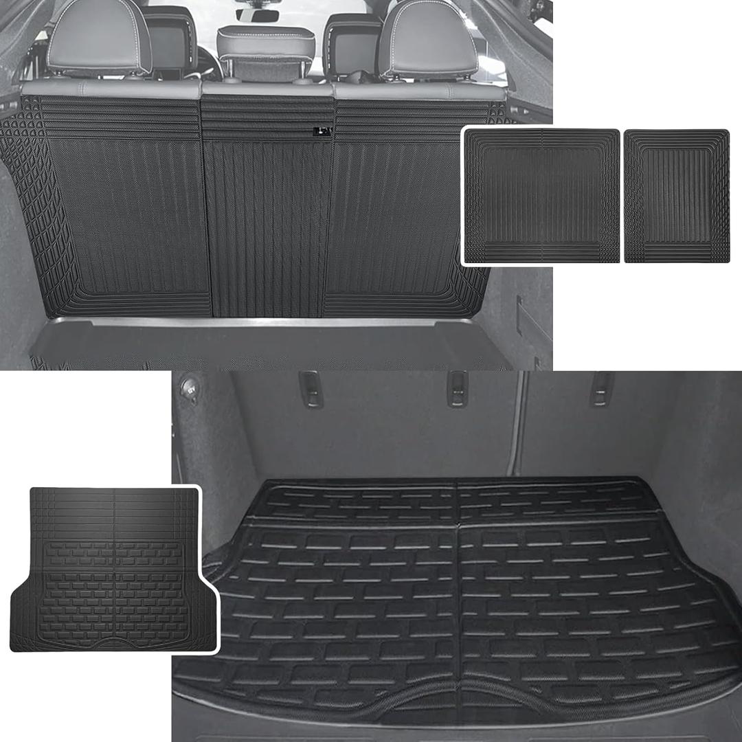 TripleAliners Vehicle Mat Universal Fit Trunk Cargo Liner All-Weather XPE Material Rear Cargo SeatBack Protector Trimmable Design Compatible with Most Vehicle Sedan SUV(Seat Back Cover+Trunk Mat)