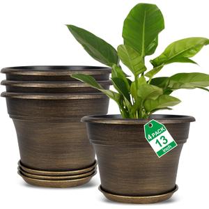 Plant Planters Pots Set of 4 Pack 13 InchLarge Plastic Flower Pot for Indoor Plants with Drainage Holes & Trays, Resin Decorative Container Sets with Saucer for House Outdoor Garden Plant Dark Gold