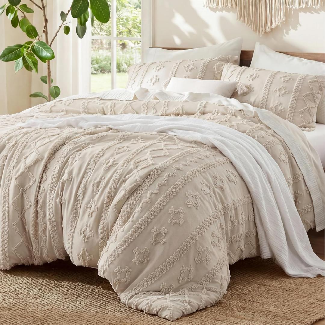 Bedsure Boho Comforter Set g, Bedroom Decor Bedding Set Beige Soft Breathable Polyester,Fluffy Texture ,3 Pieces Gift For Girls Women,Marshmallow,All Seasons,Machine-washable,OEKO-TEX, 128in x 98 in