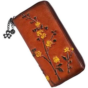 SHARPAD Wallet Genuine Leather for Women - with RFID Blocking Card checkbook ID Slot Large Capacity Vintage style (flower brown)