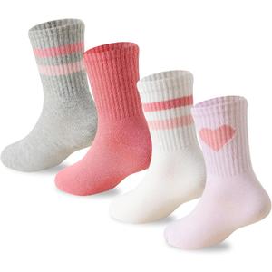 Girls Socks Kids Pink Crew Athletic Socks with Hearts Striped 4 Pairs for Children 4-12 Years