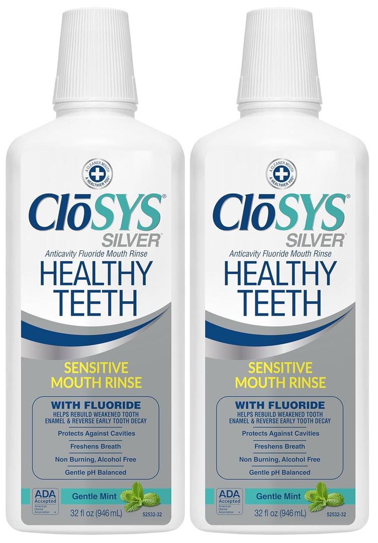 CloSYS Silver Healthy Teeth Anti-Cavity Oral Rinse, 32 Fl Oz (Pack of 2), Fluoride Mouthwash For Adults, Non-Burning, Non-Irritating