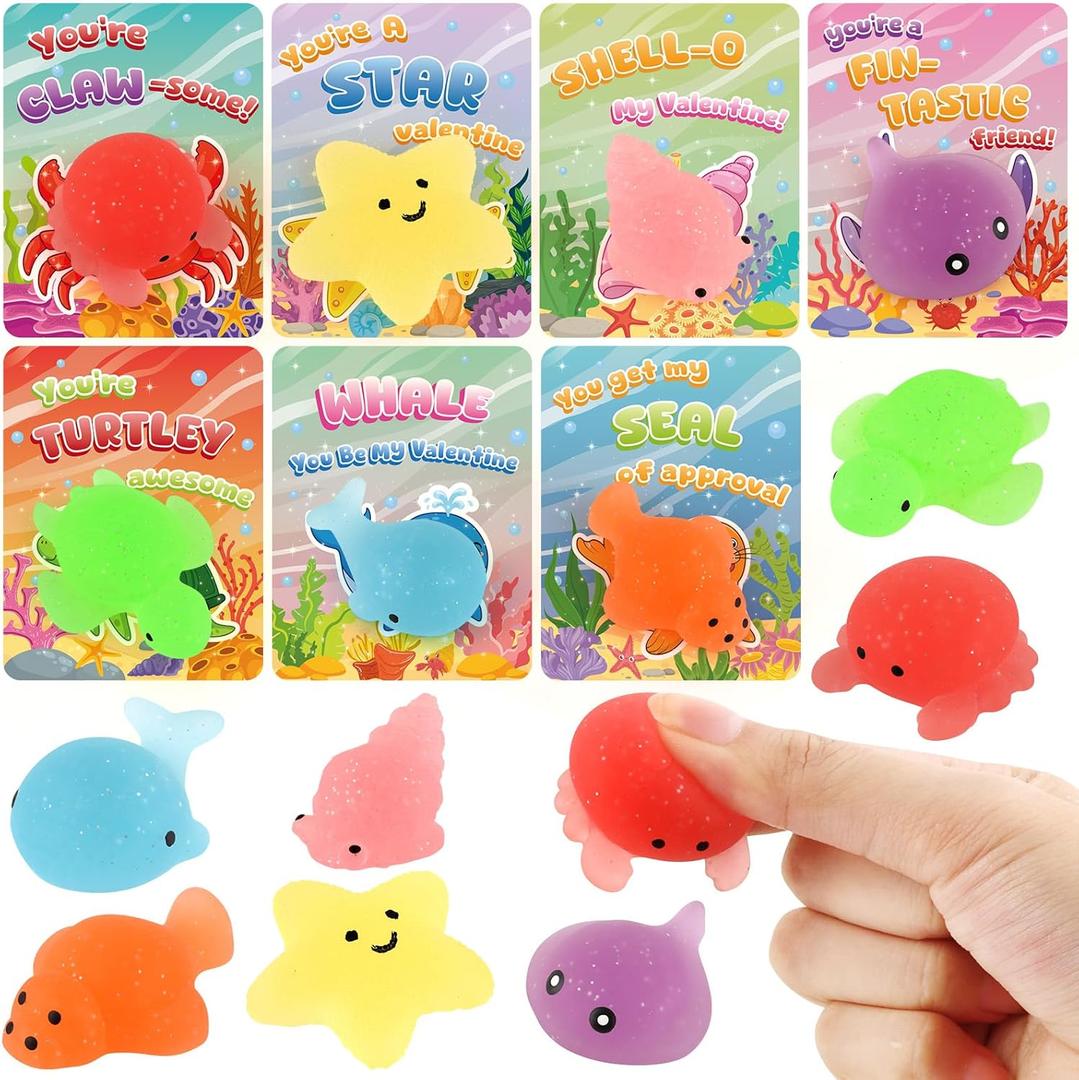 Hooqict 28 PCS Valentines Day Gifts Cards for Kids with Ocean Animal Squishy Toys Kawaii Squishies Party Favor Sensory Fidget Toys for Boys Girls School Classroom Exchange Prizes Valentines Gifts