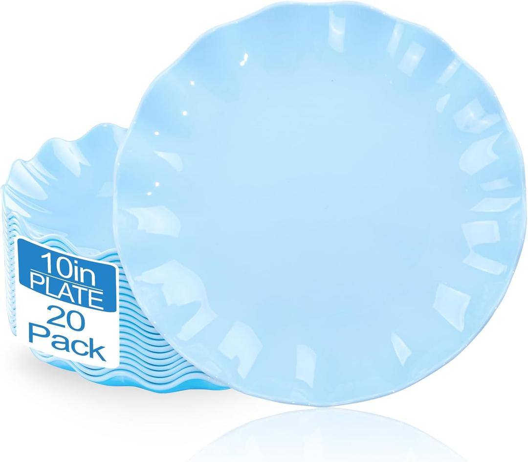 LIYH 20 Pcs 10 Inch Light Blue Plastic Plates Reusable - Unbreakable Scalloped Dinner Plates for Baby Shower Party Outdoor Picnics Dishwasher Safe BPA Free, Blue