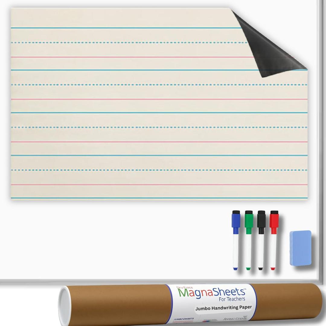 MAGNASHEETS Jumbo Magnetic Dry Erase Handwriting Paper for Teachers Classrooms 28x22 | Complete Erase! No Staining, Ghosting | Includes Storage Tube, Markers, Eraser Must Have