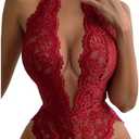 SOLY HUX Women's Halter Deep V Neck Teddy Bodysuit Lingerie Backless Sheer One Piece Mini Babydoll S