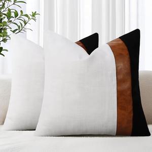 cygnus Set of 2 Decorative Throw Pillow Covers 18x18 Inch Black and White Linen Pillowcase with Faux Leather Contract Modern Farmhouse Decor Cushion Covers for Sofa Bed Living Room
