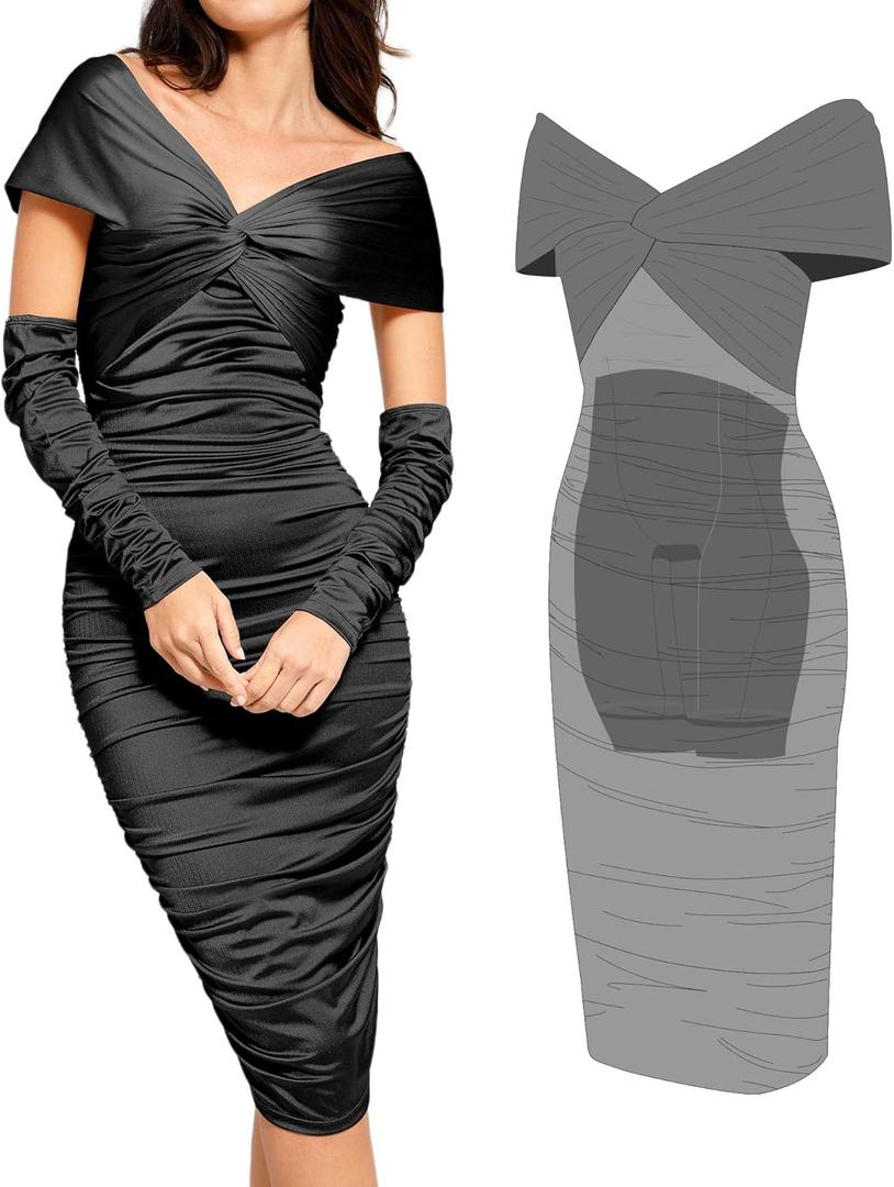 Popilush Shapewear Dress with Sleeves - Multi Way Wear Dresses Off The Shoulder Ruched Bodycon Cocktail Dress (Large, Black)