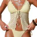 SOLY HUX Women's Lace Tankini Swimsuits Frill Tie Side Two Piece Bathing Suit Beachwear (Yellow, M)