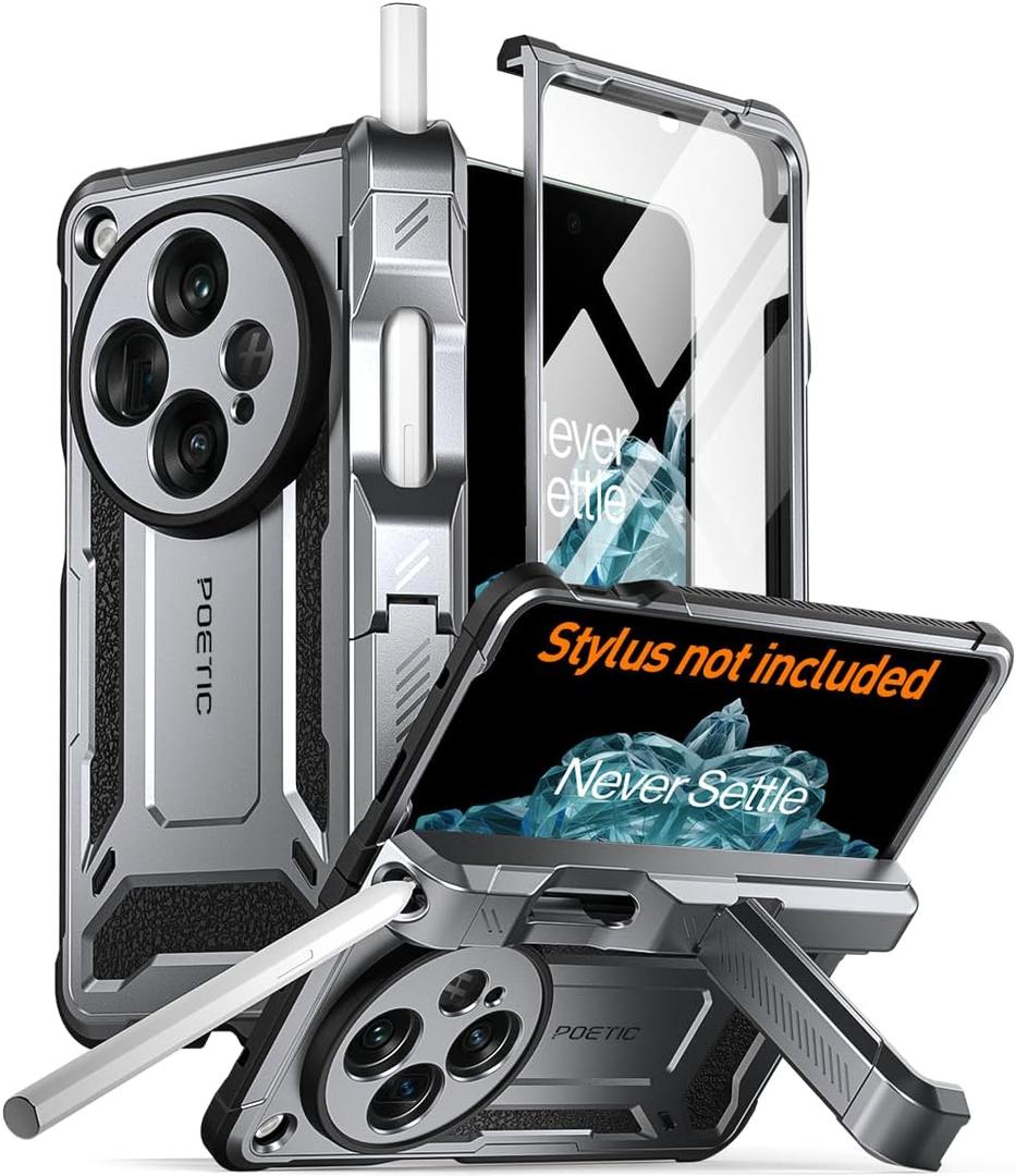 Poetic Spartan Case for OnePlus Open/Oppo Find N3, [Hinge Protection] [Kickstand] [Oppo Pen Holder] Full-Body Protective Rugged Cover, Built-in Screen Protector, Gun Metal