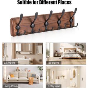 Gohiuo Rustic Wall Mount Coat Rack, Coat Hooks Wall Mount Wood Coat Rack with 5 Triple Hooks, Heavy Duty Wooden Wall Mounted Coat Hanger for Entryway, Farmhouse Hanging Coats, Hats, Bags,Towels