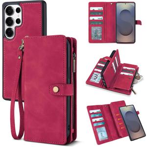TwoHead for Samsung Galaxy S25 Ultra Wallet Case with Card Holder, Detachable Magnetic Phone Case for S25 Ultra,PU Leather All-Round Protective Phone Case Wallet with Wrist Strap(6.9 in, Red)