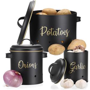 OwnMy Set of 3 Potato Onion Garlic Storage Bins Vegetable Containers Food Containers for Kitchen Counter, Potato Onion Storage Containers for Pantry Garlic Storage Jars Vegetable Canisters Set, Black