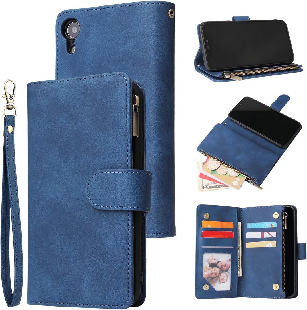 UEEBAI Wallet Case for iPhone XR, Premium Vintage PU Leather Magnetic Closure Handbag Zipper Pocket Case Kickstand Card Holder Slots with Wrist Strap TPU Shockproof Flip Cover - Blue